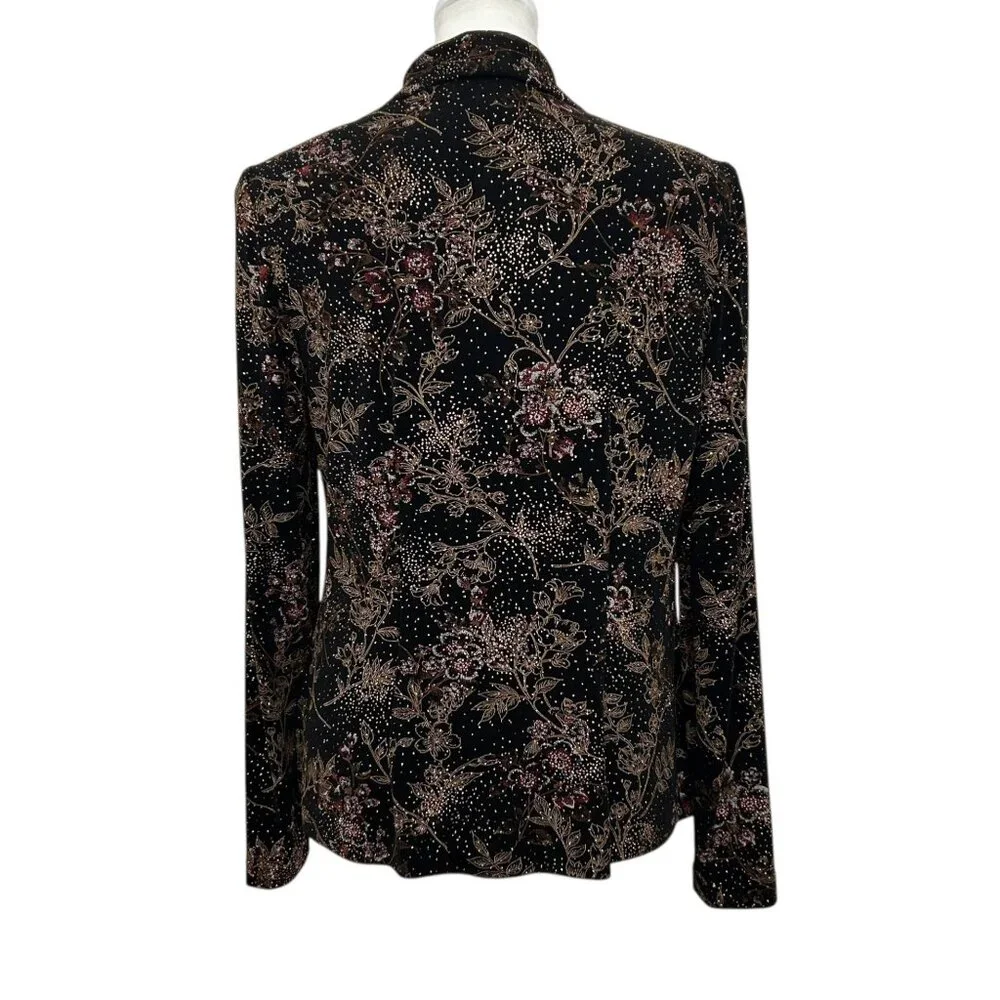 Alex Evenings Vintage Metallic Glitter Floral Design Open Front Jacket (S)
